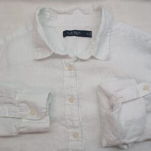 Ralph Lauren White 100% Linen Blouse Womens XL Roll Tab Sleeve Black Label Beach